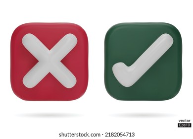 Juego de iconos de marca de verificación 3D y marca X. Símbolo de marca de verificación derecho, signo de marca. comprobar y desmarcar aplicaciones web y móviles. Ilustración vectorial 3D.