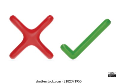 3D Checkmark and X mark icon set. Checkmark right symbol, tick sign. check and uncheck for web and mobile apps. 3D vector illustration.