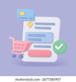 Processo de finalização de compra 3D com carrinho de compras, cartão de pagamento, pin de localização e marca de verificação de confirmação para comércio eletrônico, compras on-line e ilustração de vetor de interface de usuário de pagamento digital