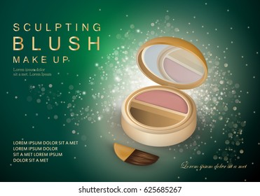 3D cheek blush isolated on green sparkly and shiny background.Compact foundation advert for web,poster,placard,flyer and leaflet template.Useful for marketing on social network and banner