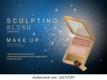 3D cheek blush isolated on blue sparkly and shiny background.Compact foundation advert for web,poster,placard,flyer and leaflet template.Useful for marketing on social network and banner