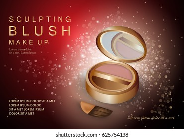 3D cheek blush isolated on red sparkly and shiny background.Compact foundation advert for web,poster,placard,flyer and leaflet template.Useful for marketing on social network and banner