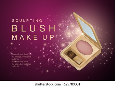 3D cheek blush isolated on purple sparkly and shiny background.Compact foundation advert for web,poster,placard,flyer and leaflet template.