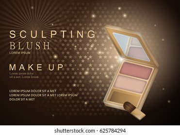 3D cheek blush isolated on sparkly and shiny background.Compact foundation advert for web,poster,placard,flyer and leaflet template.