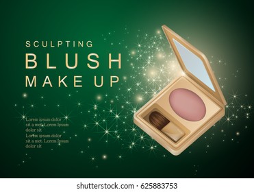 3D cheek blush isolated on green sparkly and shiny background.Compact foundation advert for web,poster,placard,flyer and leaflet template.Useful for marketing on social network and banner