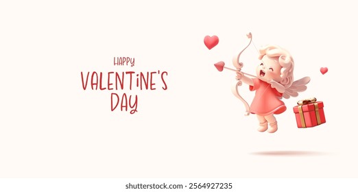 3D cheerful character of flying cupid with bow and arrow, gift, hearts. Trendy banner for Valentine's Day, love, and greetings concepts. Vector illustration.