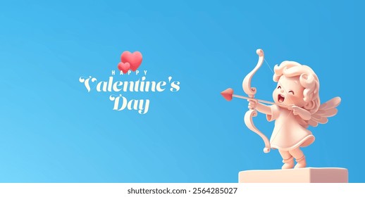 3D cheerful cupid, amor stands and shoots arrows from a bow. For holiday greeting concepts for Valentine's Day. Vector