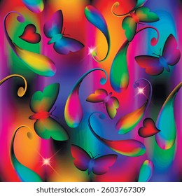 3D cheerful neon seamless pattern with rainbow gradient butterflies, love hearts, Paisley and swirls on a glowing multicolor background. Perfect for textiles, kids design, wrapping, party decoration.