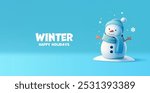 3D cheerful snowman character on a blue background with snowflakes and snow. A cheerful banner for the celebration of merry winter holidays. Vector illustration.