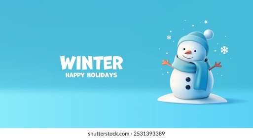 3D cheerful snowman character on a blue background with snowflakes and snow. A cheerful banner for the celebration of merry winter holidays. Vector illustration.