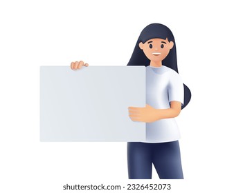 3D Cheerful Young woman Leaning And Pointing At Blank White Advertisement Board. 3D cartoon style vector design illustrations. Blank board, Notifications page