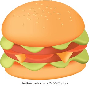 3D Cheese Burger icon. Burger with
chicken, cheese, vegetables and tomato, oil
paint, digital paint, on white background.
Street food, take-away, take-out. Fast food
hand drawn digital illustration.