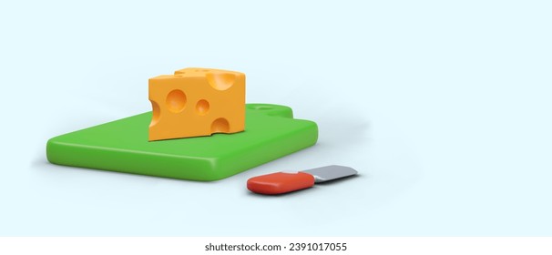 3D cheese with holes on green cutting board. Concept of natural dairy products. Home cuisine. Vector color template in cartoon style. Layout for web design