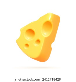 3d cheese piece. Swiss emmental block, realistic render cheeses triangular piece for emoticons culinary restaurant emoji food, cheddar slice with holes vector illustration of food piece cheese,