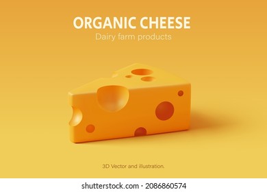 3D Cheese put on yellow background, Food and daily farm product. Eps 10 Vector.