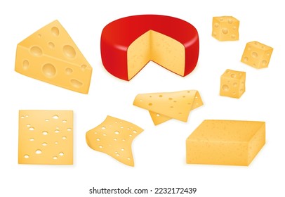 3d cheese slice, cheddar food. Farm mozzarella and brie, hard camembert, gourmet gouda. Different cutting, whole half and square pieces. Fresh milk products. Vector realistic neoteric set