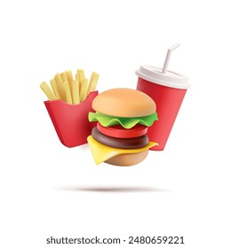 Hamburguesa con queso 3D, papas fritas y refrescos en un paquete rojo. Para conceptos de diseño de comida rápida y sabrosa en cafés y restaurantes. Vector