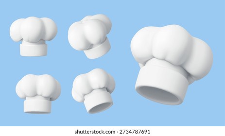 3d chef and baker white toque hats, kitchen cooker cap uniform. Vector set of cook caps, white chef hats and baker toques for kitchen staff, restaurant, cafe catering and culinary uniform headwear