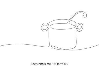 3D chef kitchen saucepan gastronomy concept. One line continuous lineart tasty soup cook dish. Delirious dining restaurant cuisine vector illustration