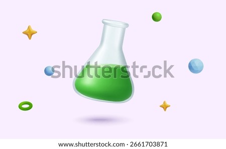 3d chemical flask with substance or liquid inside, isolated on background. Chemical flask icon in 3d vector illustration