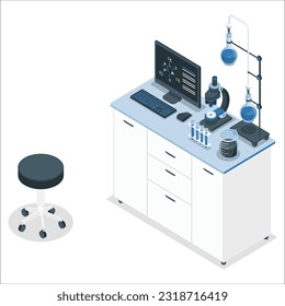 3 d Gabinete de química, interior de laboratorio con fórmula química en ordenador, beakers para experimentos en escritorio. Ilustración vectorial de sala educativa. Concepto de laboratorio químico isométrico.