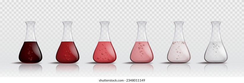 3d chemistry laboratory experimental flask isolated vector. Science medical lab glass set for test with red water illustration design. Pharmacy fluid medicine realistic measuring bottle with reaction