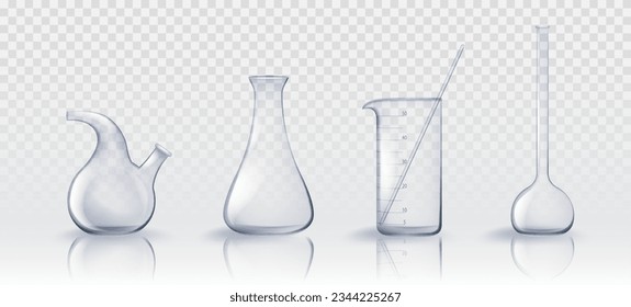 3d chemistry laboratory test glass beaker realistic vector  Lab clear glassware science tube equipment set transparent background  Empty measuring bottle   chemical container collection
