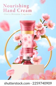 3D cherry blossom hand cream ad template. Pink elegant tube packaging and cherry blossoms branch display on pedestal with ring behind. Realistic blue sky background.