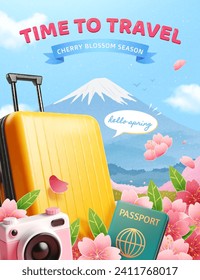 Afiche de viaje de la temporada 3D de floración de cerezo con maleta, cámara y pasaporte en montón de flores.