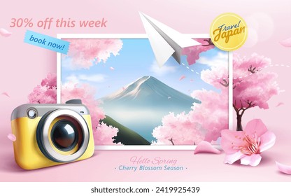 3D Kirschblüte Saison Reise-und mit Kamera, Papier-Flugzeug und Bild von Fuji Berge.