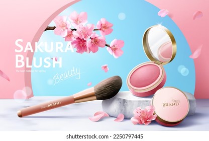 3D cherry blossom theme beauty cosmetic ad. Blush powder compact and make up brush display on marble stone podium and decorated with sakura petals.