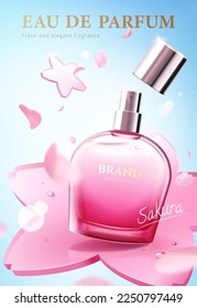 Anuncio de perfume con tema de flores de cerezo 3D. Pantalla de botellas de vidrio rosado en disco de vidrio en forma de sakura adornado con pétalos de flores en caída.