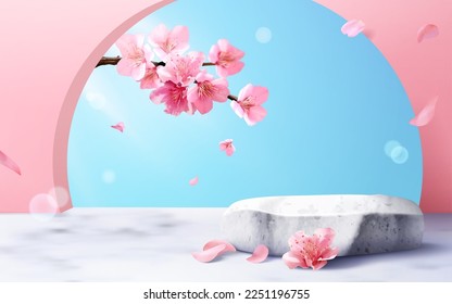 3D Cherry blossom theme product display background with marble stone podium, petals, and sakura branch outside arch wall.