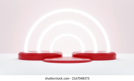 3D Cherry Red podium with 3 ring light background, Display product for promotion, Online commercial in digital platform -3D rendering