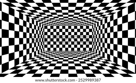 3D chess board textured room. Abstract perspective tunnel. Vector illustration.	