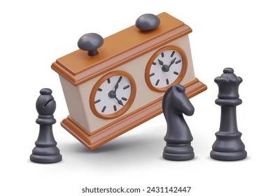 3D chess clock, bishop, knight, queen. Black game pieces and timer