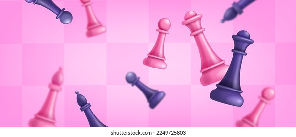 3D chess game background, pink board, tournament announcement vector banner, queen gambit, bishop. Flying figure, pawn, online competition leadership advertisement. 3D chess success pink poster