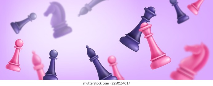 3D chess game background, pink tournament announcement vector banner, queen gambit, bishop, knight. Flying figure, pawn, online competition leadership advertisement. 3D chess success pink poster