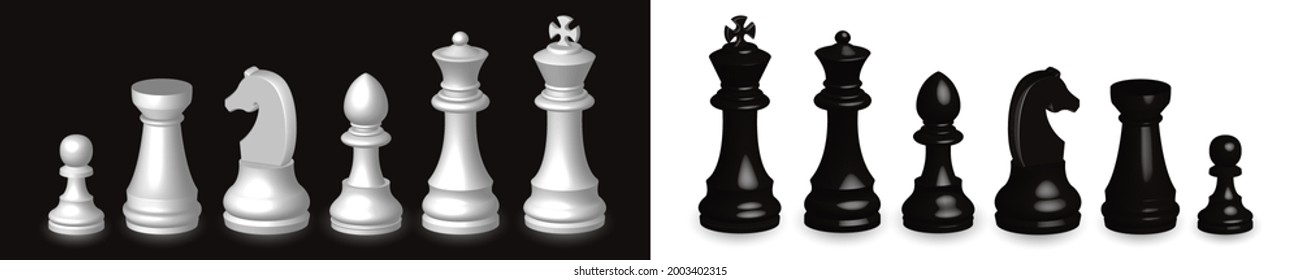 3d chess pieces stand in a row on a black and white background. 3d chess isolated on black and white background. svg