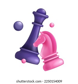 Icono del caballero reina de ajedrez 3D, figura púrpura vector, signo de logro de la competencia, símbolo de estrategia de negocio. Concepto de lucha de juegos de enemigos del torneo, hobby de inteligencia deportiva en línea. 3.ª ganadora de ajedrez