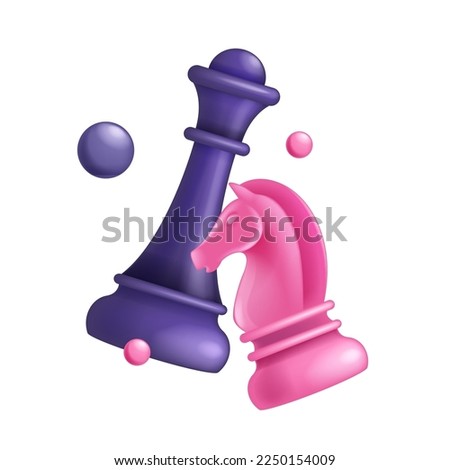 3D chess queen knight icon, vector purple figure, competition achievement sign, business strategy symbol. Tournament enemy game fight concept, online sport intelligence hobby. 3D chess victory clipart