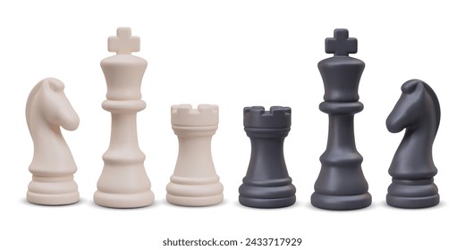 3D chess rook, king, knight. Set of vector shapes of different colors