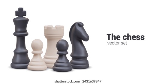 3D chess set of white and black pieces. King, pawn, rook, knight