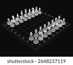 A 3D chessboard with black and white pieces arranged in traditional starting positions, set against a dark background. The detailed wooden texture and realistic lighting enhance the strategic game.