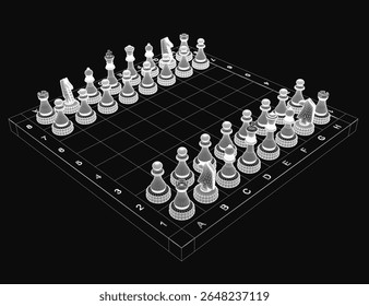 A 3D chessboard with black and white pieces arranged in traditional starting positions, set against a dark background. The detailed wooden texture and realistic lighting enhance the strategic game.