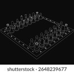 A 3D chessboard with traditional black and white pieces arranged in starting positions, set against a dark background. The detailed wooden texture and realistic shadows enhance the strategic game.