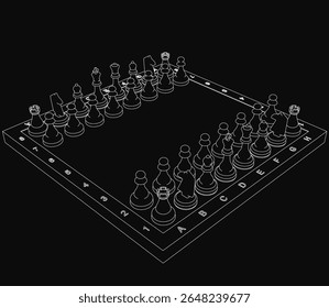 A 3D chessboard with traditional black and white pieces arranged in starting positions, set against a dark background. The detailed wooden texture and realistic shadows enhance the strategic game.
