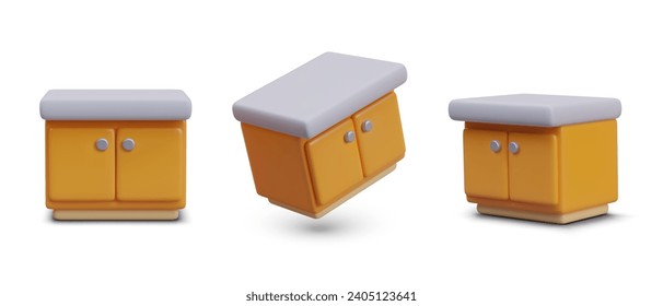 3D chest of drawers, front, side view, at angle. Set of colored vector furniture. Low model with two doors. Cute illustration for web design. Empty surface, mockup