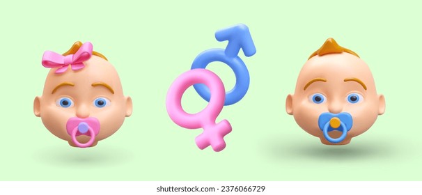 3d children concept. Poster with realistic head of boy and girl with blue and pink pacifier. Female and male signs. Vector illustration with place for text and green background