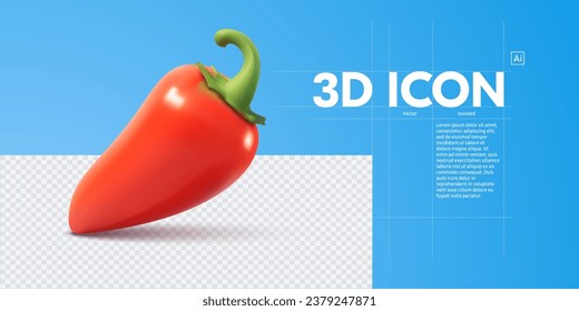3D Chili Pepper Icon: Glossy, Vibrant Red Pepper Illustration with Realistic Details on a Modern Blue Background. 3D vector illustration cartoon icon